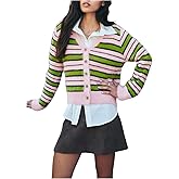 MakeMeChic Women's Striped Fuzzy Cardigan Sweaters Button Down Long Sleeve Outerwear