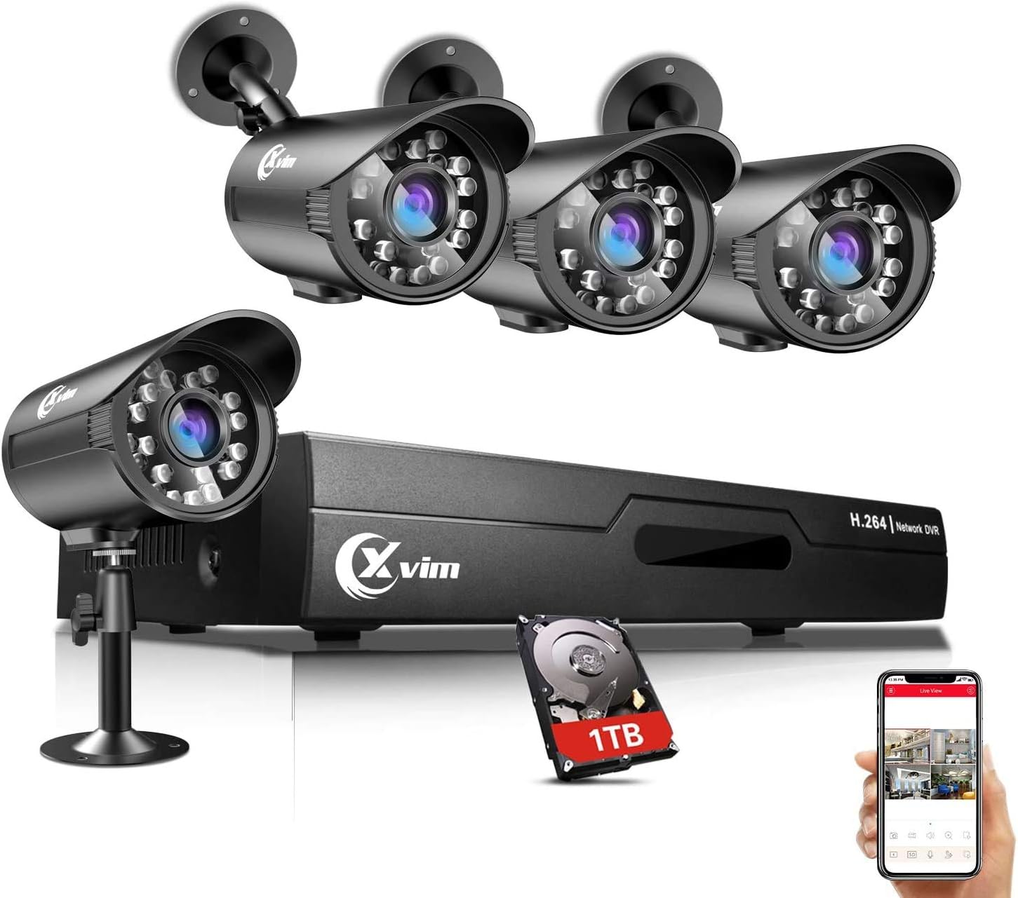 XVIM 8CH 1080P Security Camera System Outdoor with 1TB Hard Drive Pre-Install CCTV Recorder 4pcs HD 720P Upgrade Outdoor Home Surveillance Cameras with Night Vision Easy Remote Access Motion Alert