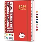 2026 Planner, Weekly and Monthly Calendar Planner, January 2026 - December 2026, Hardcover 2026 Calendar Book with Tabs For Women & Men, Inner Pocket, Spiral Bound, Perfect for Office Home School Supplies - A4 (8.5" x 11"), Tomato Red