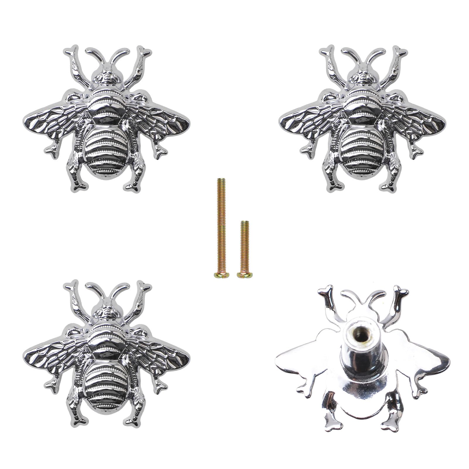 MOROBOR Bright Chrome Bee Drawer Knobs, 4PCS Metal Zinc Alloy Single Hole Knobs Decorative Bee Knobs Creative Furniture Handle with Screws for Cabinet Wardrobe Drawer Dresser — image 1