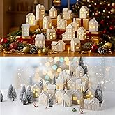 Vinsot 34 Pcs LED Ceramic Christmas Village Set 16 Light up Christmas Village Houses 8 Snowman Santa Figurines, 10 Snow Trimmed Trees with Lamp Post Scenes Porcelain Figurine Tabletop Decor (Stylish)