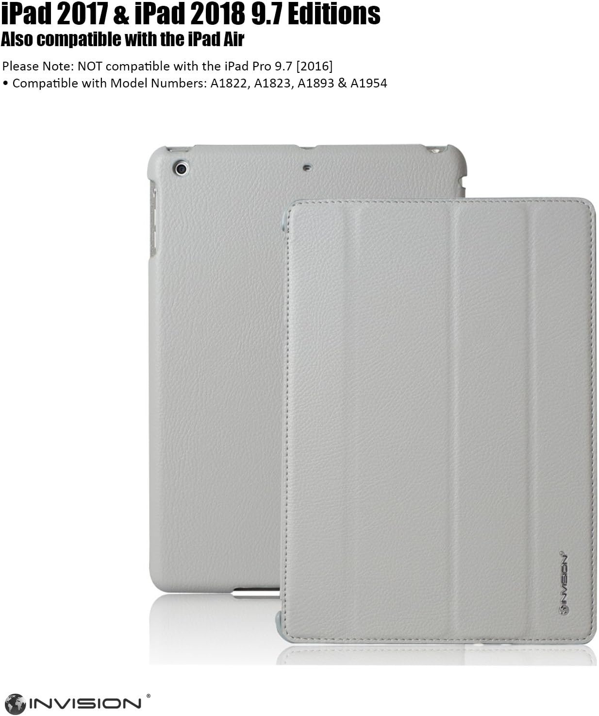 Invision iPad Case 9.7 inch 2018/2017 Protective Smart Cover with Triple-layer Protection & Reinforced Impact Zones – Quality PU Leather Finish & Microfibre Inner - Auto Sleep/Wake Function Grey