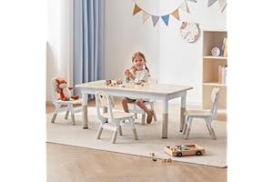 DOREROOM Toddler Table and Chairs Set for 4, 47.2''L x 23.6''W Kids Study Table and Chair Set, Height-Adjustable, Graffiti Desktop, Children Activity Table for Daycare, Classroom, Home