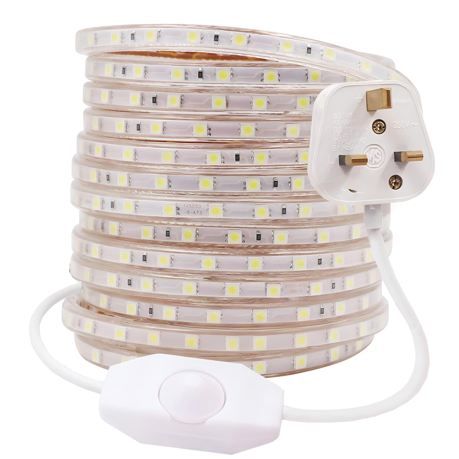 GQL 2m Dimmable LED Strip Mains Powered, WhiteSMD 5050 60leds/m IP65 Waterproof Commercial Rope Light with UK Plug, DIY Indoor Outside Decor Ribbon Lighting