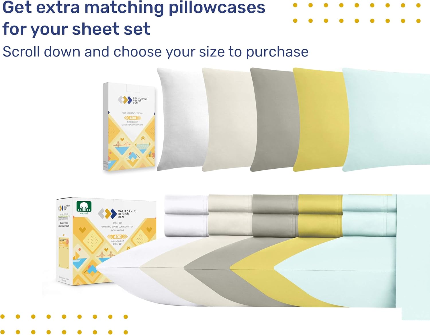 400 Thread Count 100% Cotton Pillow Cases, Pure White Standard Pillowcase Set of 2, Long-Staple Combed Pure Natural Cotton Pillows for Sleeping, Soft & Silky Sateen Weave Bed Pillow Covers: Home & Kitchen