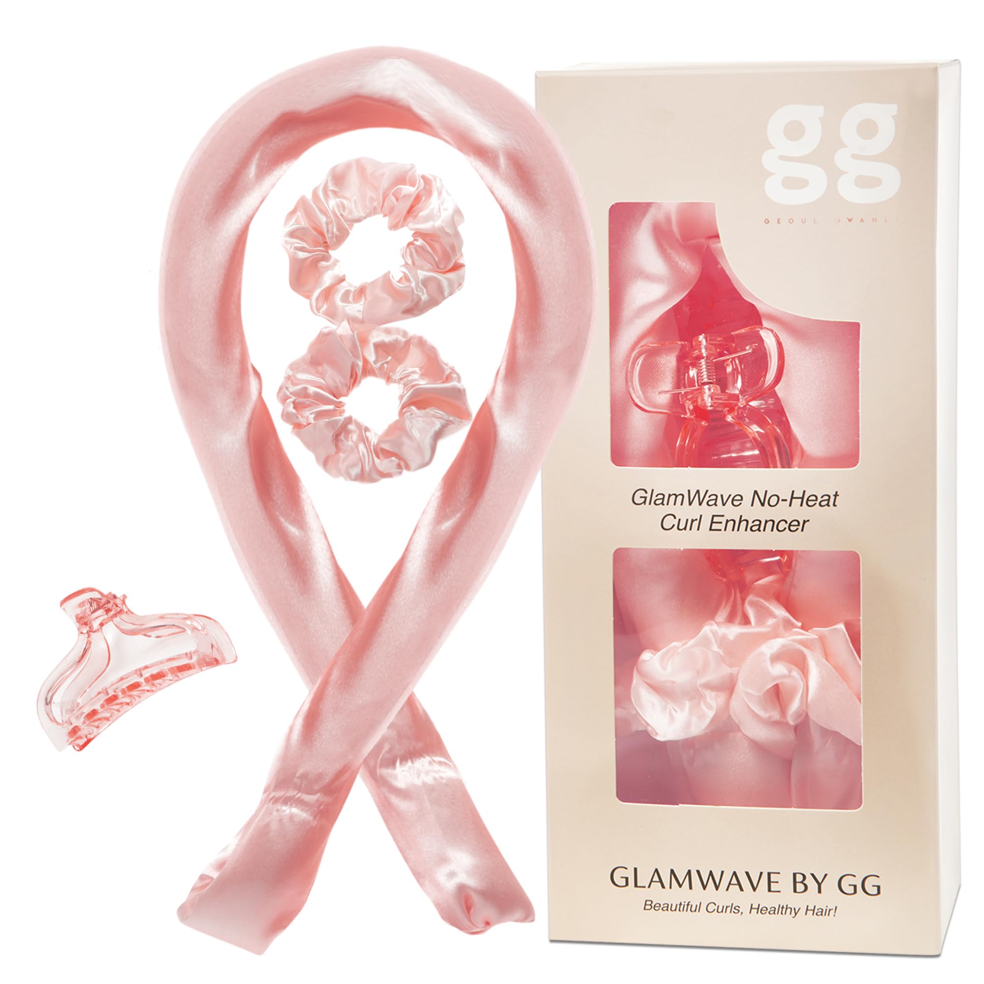 Geoul Gwanli Heatless Hair Curlers Set – Satin Curling Rod, Claw Clip & Scrunchies for Damage-Free Curls, No Heat Hair Styling and Reusable (Light Pink, Large)