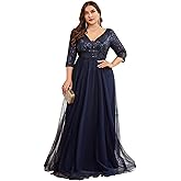 Plus Size Floor Length Formal Evening Gown for Mother of Bride Glitter Long Sleeves V-Neck Prom Dress for Women
