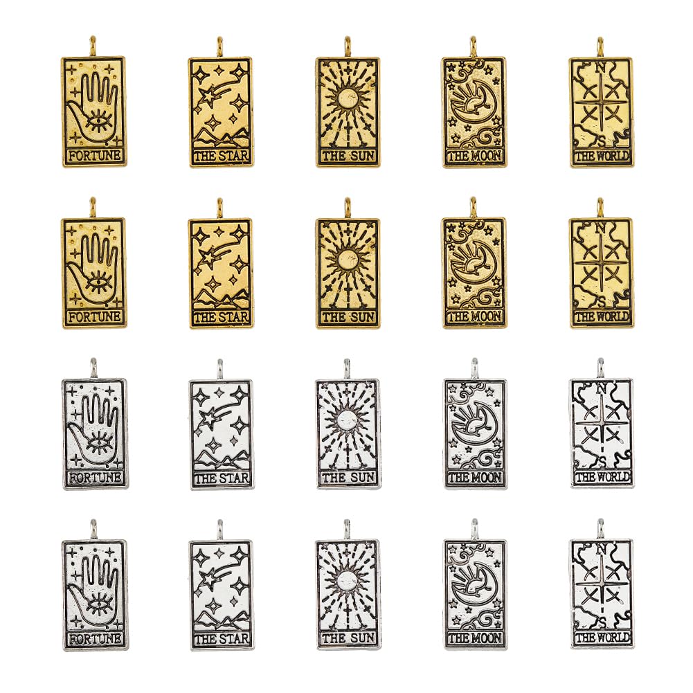 Dicosmetic 40pcs 5 Styles Tarot Card Charms Tibetan Style Alloy Pendants Golden and Silver Divination Rectangle Charms with Tarot Patterns Luck Amulet for DIY Jewelry Making, Hole: 2mm