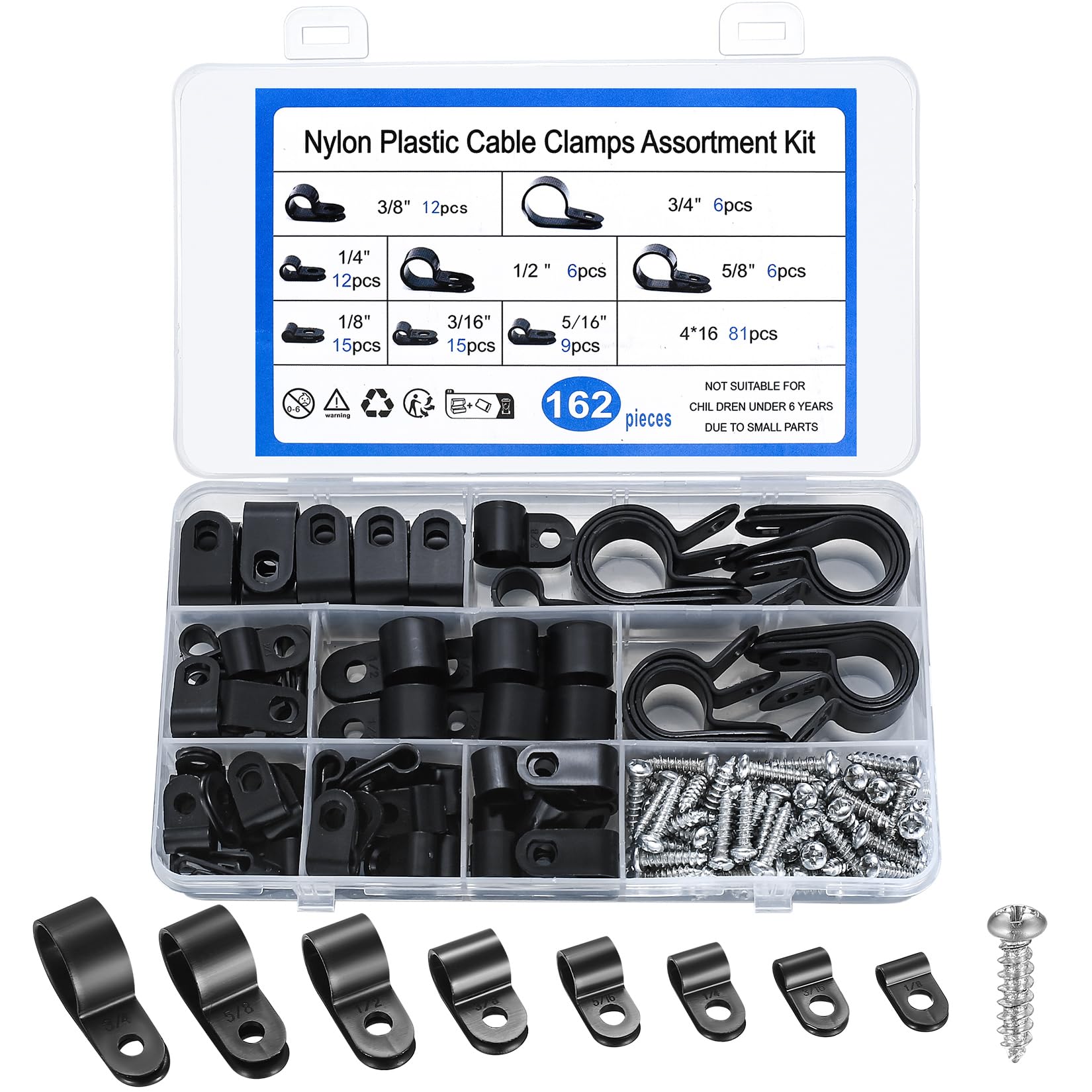 162 Pcs R-Type Nylon Black P Clips, Plastic Cable Clamp Clips Kit, R Shaped Wire Cleats for Electrical Conduit Fixings with Screws