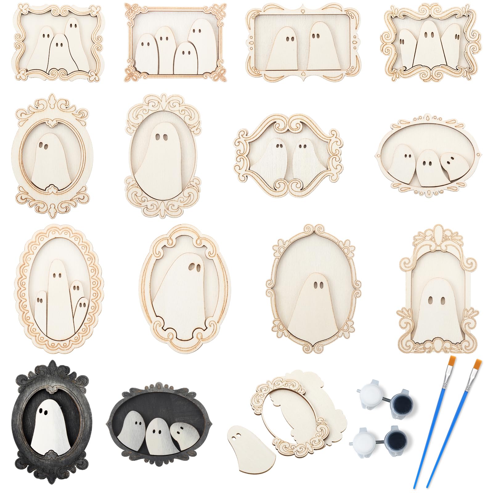 Photo 1 of Simgoing 12 Set Wood Ghost DIY Frames Decorating Craft with Paint and Brush Unfinished Wooden Gift Ornaments Cute Ghost for Halloween Craft Art Party Supplies, Not Include Glue (Cute Style)
