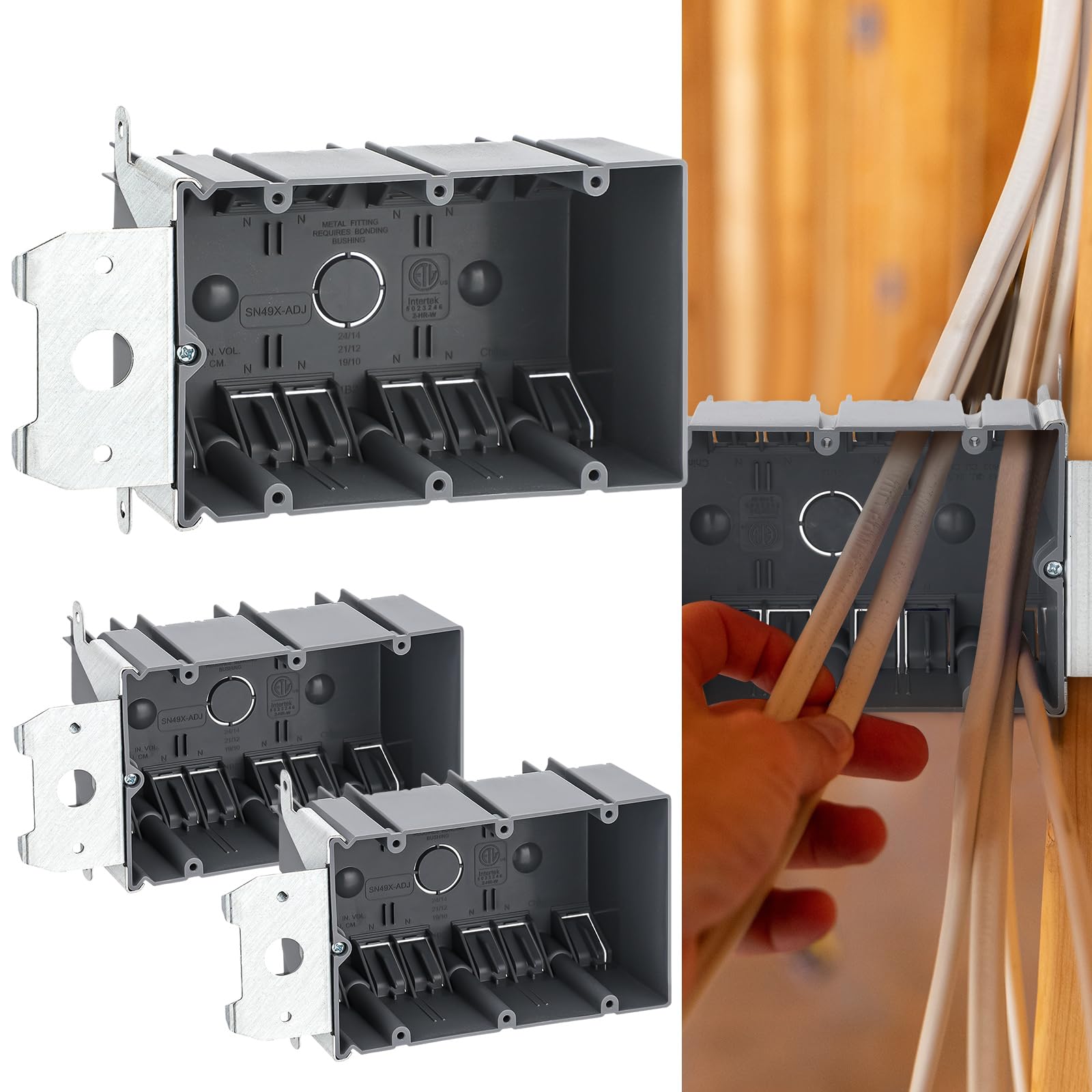 Photo 1 of Copkim 3 Pcs 3 Gang Electrical Box Adjustable Old Work Electrical Outlet Box 49 Cubic Inch Double Gang PVC Work Switch/Outlet Wall Electrical Box, Gray