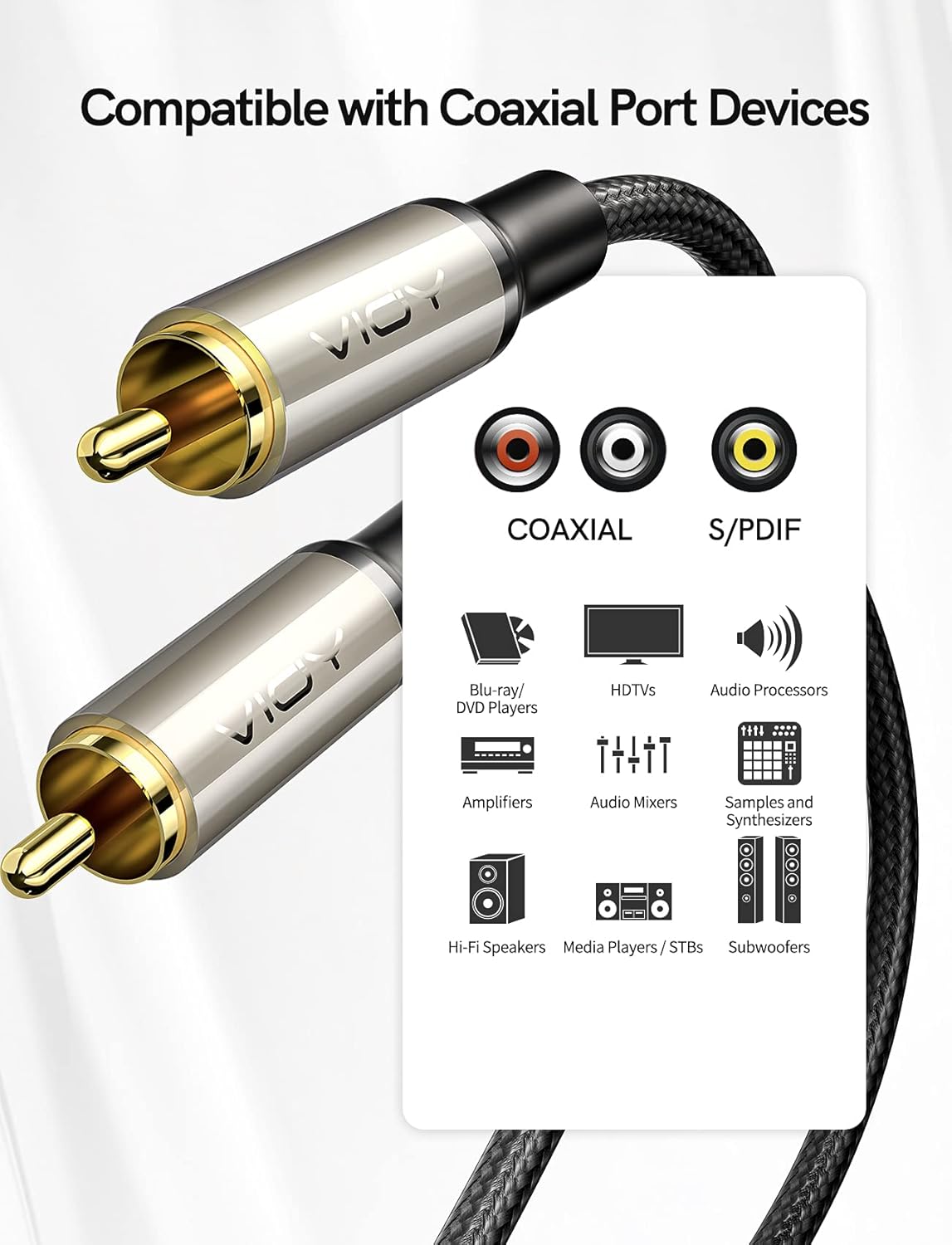 Coaxial Digital Audio Cable, RCA Male to Male HiFi 5.1 SPDIF Stereo Coaxial Audio Cable for Subwoofer, Home Theater, HDTV, Amplifier Speaker Soundbar-VIOY: Industrial & Scientific