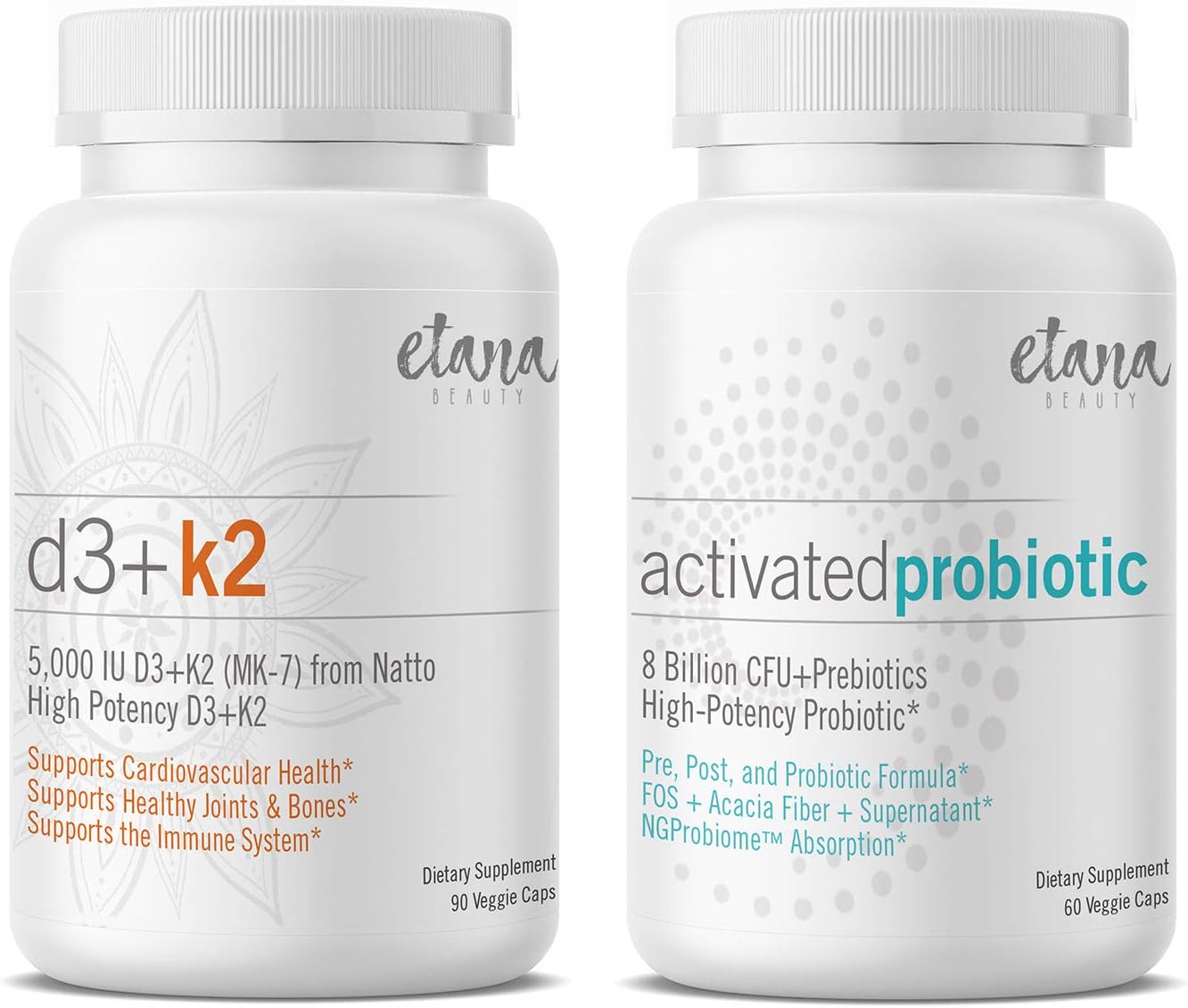 Etana Beauty Bundle - D3+K2 & Activated Probiotic – Vitamin D3 (5,000 IU) + Vitamin K2 (MK-7) - 8 Billion CFU Probiotic + Prebiotic FOS – High Quality & Bioavailable