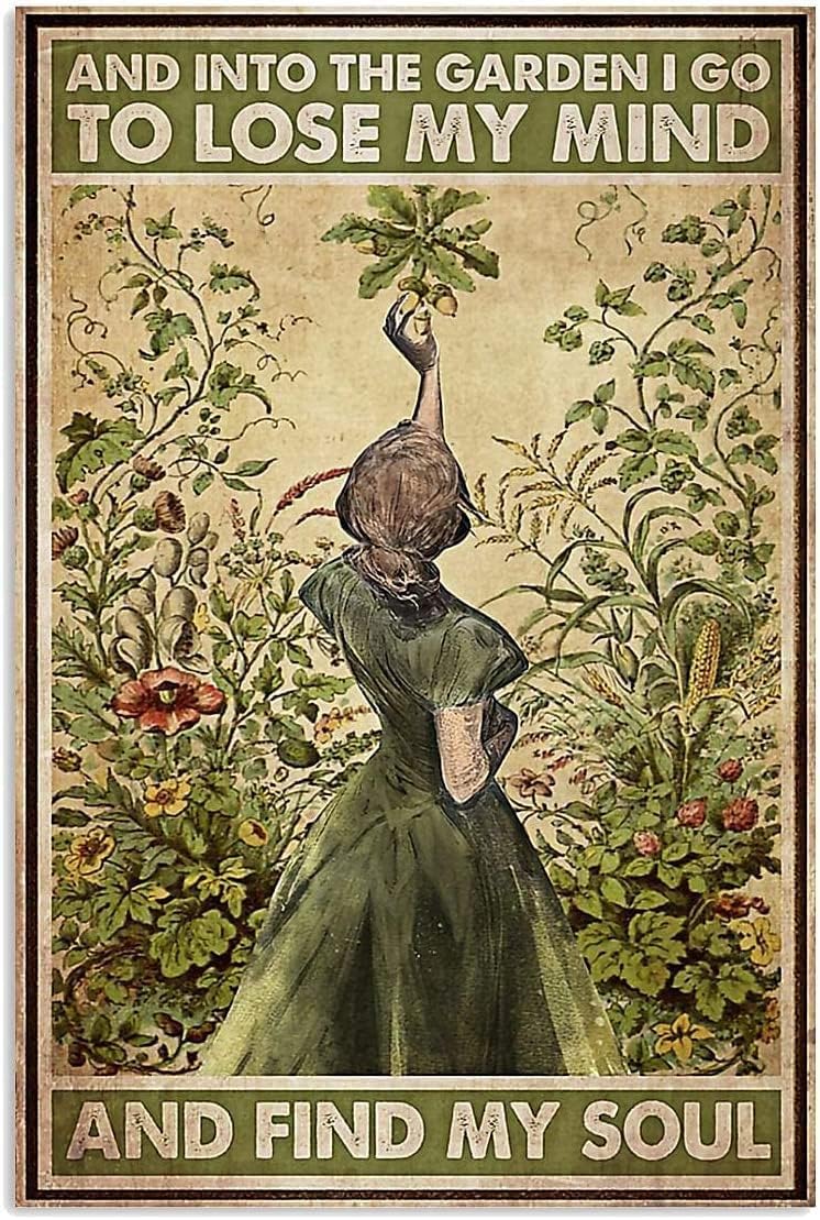 WIPBLAK Vintage Metal Tin Sign and into The Garden I Go to Lose My Mind and Find My Soul Retro Metal Tin Sign Hippie Girl Poster Vintage Sign for Home Coffee Wall Decor 12x8 Inch