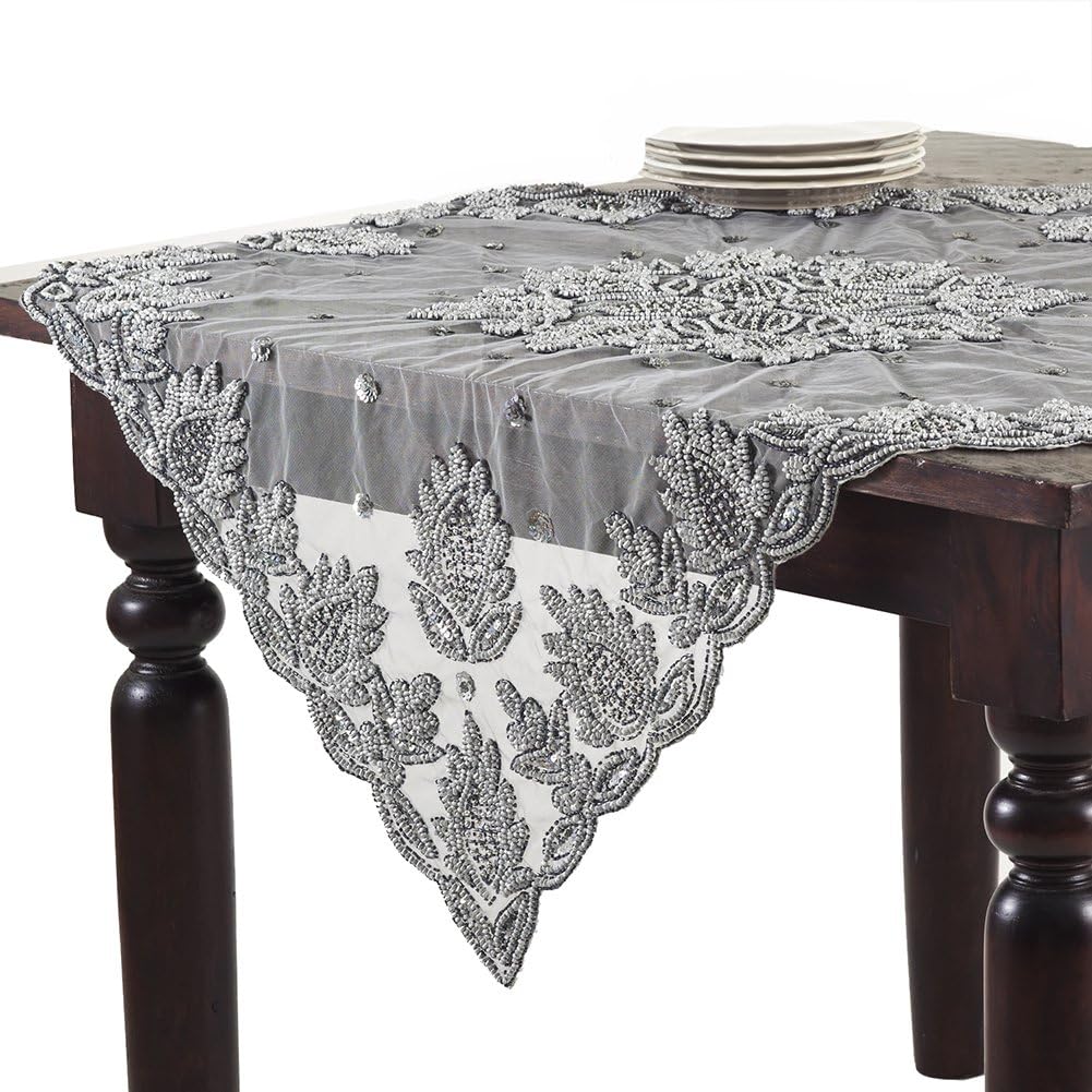 Occasion Gallery Pewter Color Hand Beaded Design Sheer Topper, 40" Square, 1 Piece