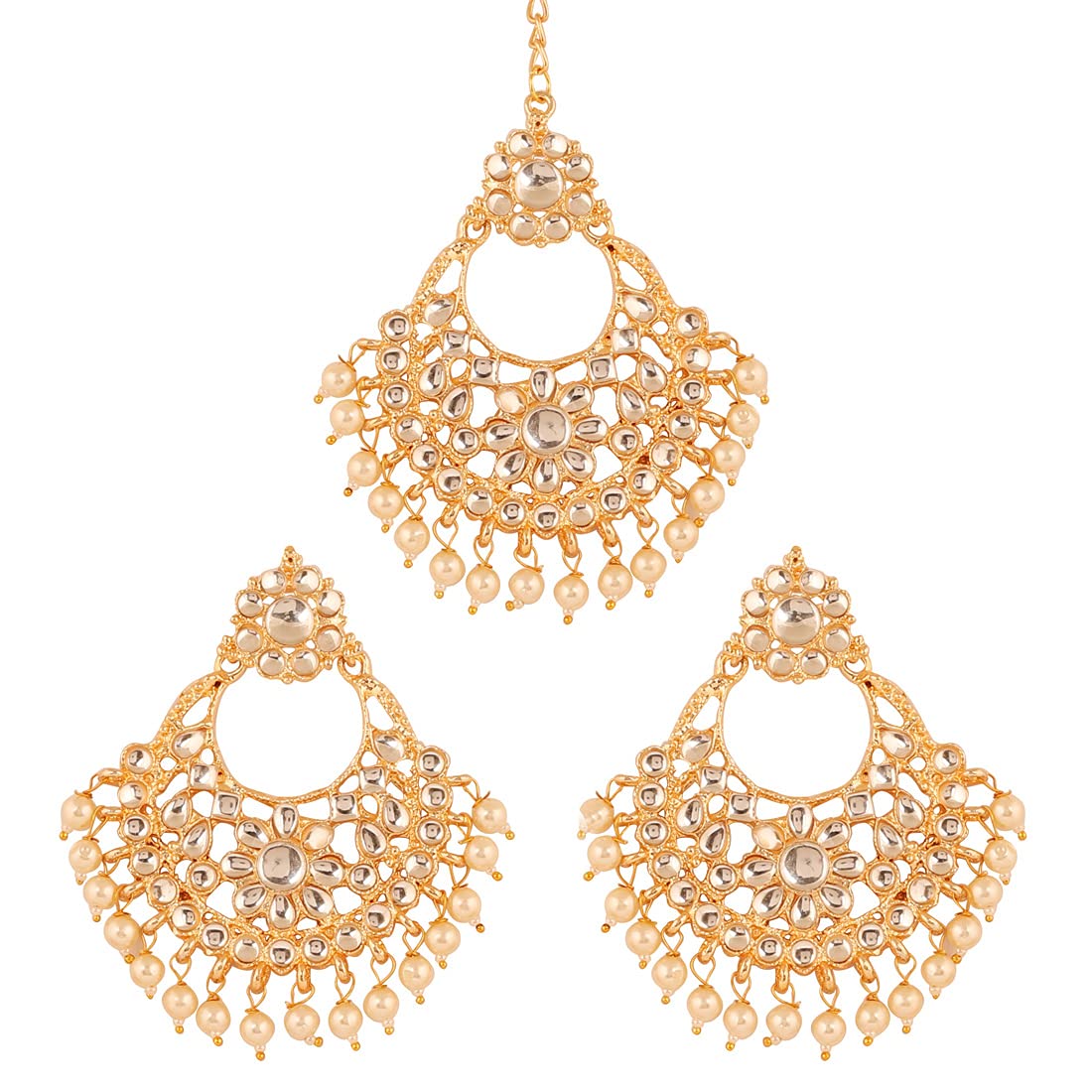 Touchstone New Contemporay Kundan Collection Indian Bollywood Grand Hangings Chandelier Floral Designer Jewelry Earrings Mangtika Combo in Gold Tone for Women.
