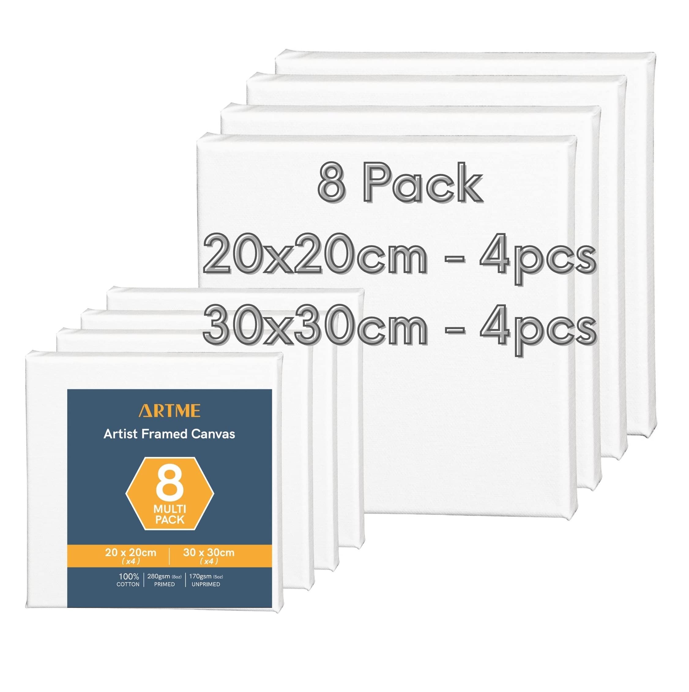 Artme Pre-Stretched Canvas 8pcs - 20x20CM-4pk, 30x30CM-4pk - Artist Framed Square Canvas 1.7cm, 280GSM/100% Cotton Blank Triple Primed, Acid Free, Medium Grain - Acrylic/Oil