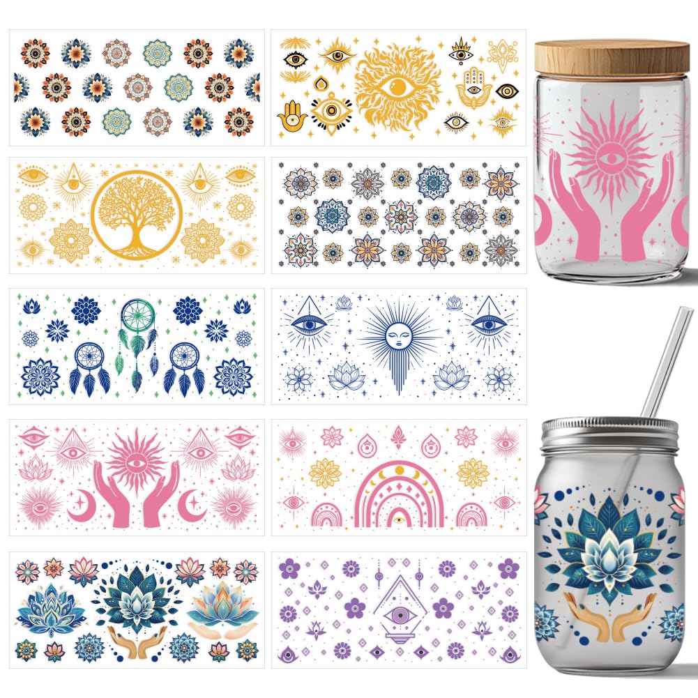 arricraft 10 Sheets Boho Style UV DTF Cup Wrap Tree of Life Sun and Moon Devil's Eye Rub on Transfers Waterproof PVC Paper Rub on Decals for DIY 16OZ Glass Cups Furniture Wood