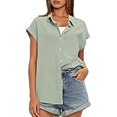 Darong Women's Button Down Cuffed Short Sleeve Shirts Cotton Casual 2025 Summer Loose Fit Blouse Top