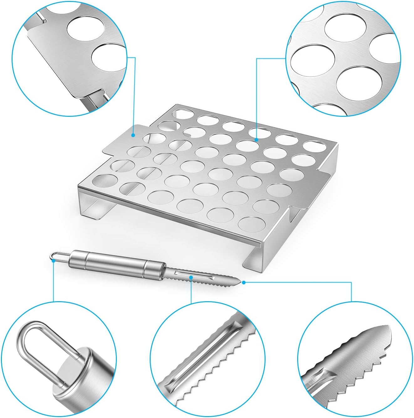Skyflame Jalapeno Grill Rack with Handle and Chili Pepper Corer Tool - Large 36 Holes Capacity Stainless Steel Drumstick Chicken Wings Roaster for BBQ Smoker and Oven: Kitchen & Dining