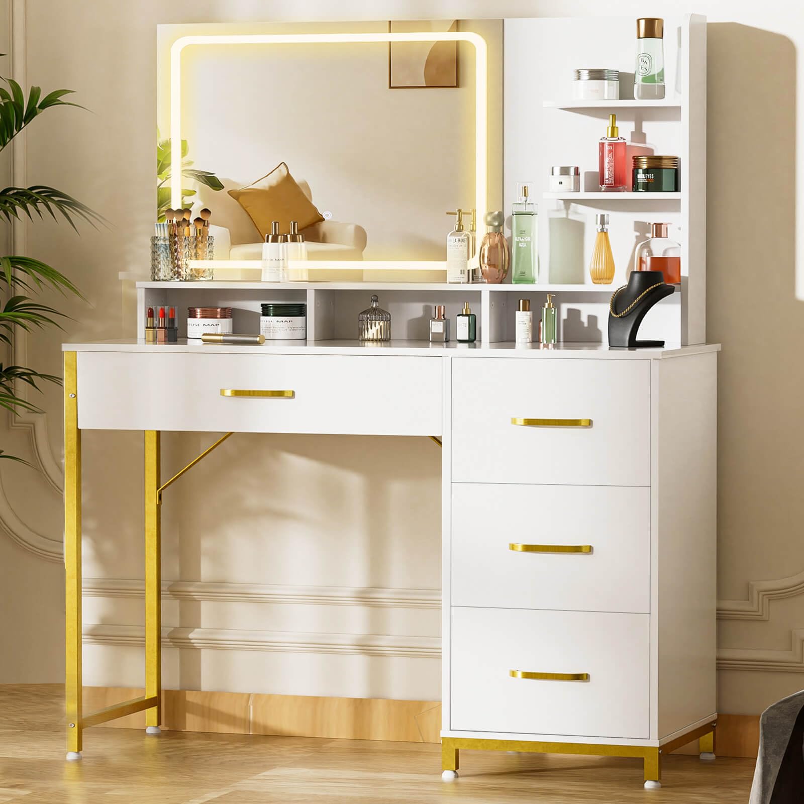 Photo 1 of COMHOMA Vanity Desk with Mirror and Lights, Makeup Vanity Table with 4 Drawers & Storage Shelves, Large HD Mirror, 3 Color Modes & Adjustable Brightness, Modern Dressing Table for Bedroom, White/Gold