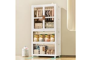 SYNCVIBE Portable Closet Collapsible Clothes Cabinet Large Plastic Wardrobe with Hanging Rod Folding Dresser with Double Doors (White, 1 Hanging + 2 Storage)