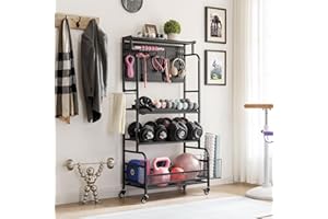 Lauren&Harold 63'' Large Home Gym Storage Rack, Gym Equipment Organizer Rack for Dumbbells Kettlebells Yoga Mat, All in One Exercise Workout Equipment Storage with Wheels and Hooks for Home Gym