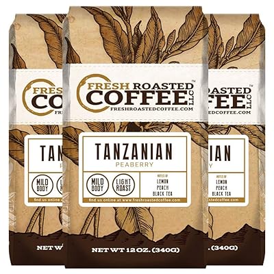 Fresh Roasted Coffee LLC, Tanzanian Peaberry Coffee, Light Roast, Whole Bean, 12 Ounce Bags, 3 Pack