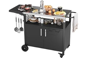 JY QAQA PET JY QAQA Outdoor Grill Cart with Storage,Patio Kitchen Island Outdoor Grill Table with Wheels,BBQ Cart Movable Pizza Oven Table Stand, Storage Cabinet, Foldable Tabletop, (Black)