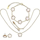 Kaidelight 18K Gold Five Leaf Clover Jewelry Set - Complete Necklace Bracelet Earrings Gift Set for Women