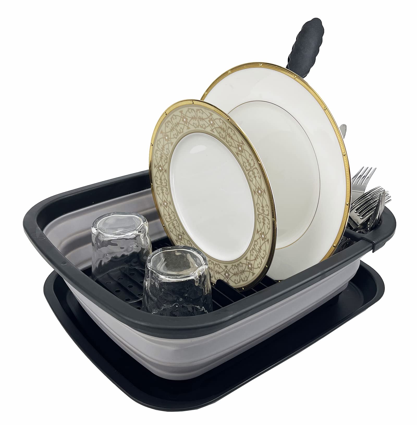 SAMMART 8L Collapsible Plastic Dish Drainer with Drainer Board - Foldable Drying Rack Set - Portable Dinnerware Organizer - Space Saving Kitchen Storage Tray (Black/Alloy Grey)