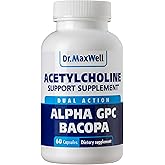 Dr. Maxwell Acetylcholine, Alpha GPC Choline 600mg + Bacopa, Better Than Each Alone. More Reliable Acetylcholine (Supports Memory & Learning) Supplement, 60 Capsules
