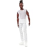 Barbie Signature Looks Ken Doll (Brunette with Braids & Bun Hairstyle) Fully Posable Fashion Doll Wearing White Shirt & Pants