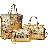 XingChen 3-PC Women PU Handbag+Shoulder Bag+Clutch Crocodile Pattern Top Handle Fashion Satchel Tote Purse