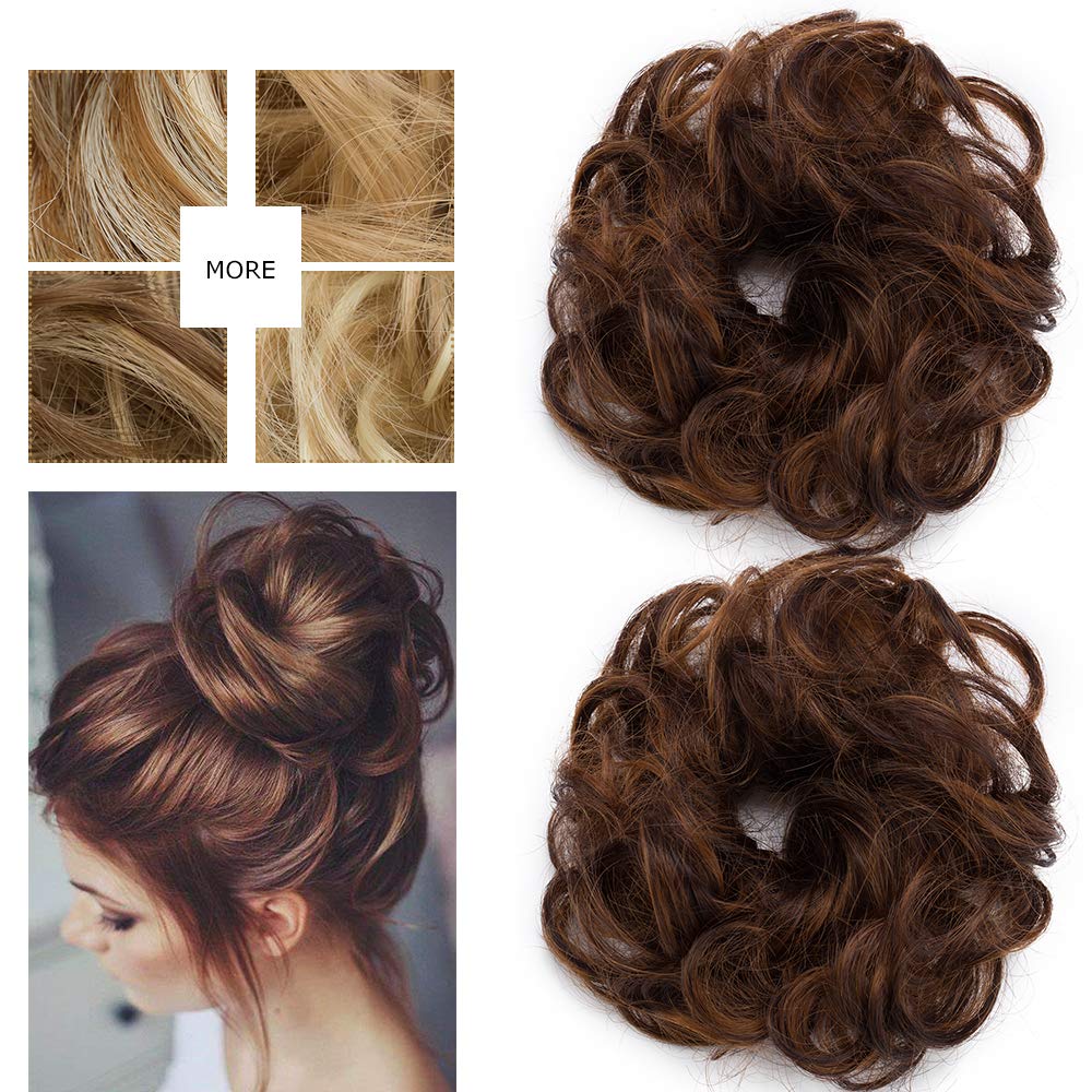 2 Packs Scrunchy Scrunchie Bun Up Do Hairpiece -Light Auburn/Dark Brown Messy Hair Ribbon Ponytail Extensions