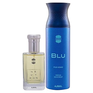 Ajmal Neutron EDP Citrus Fruity Perfume 100ml for Men and Blu Homme Deodorant Aquatic Woody Fragrance 200ml for Men+ 2 Parfum Testers FREE