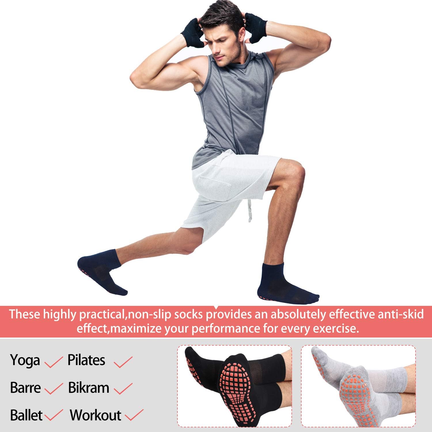 6 Pairs Men's Yoga Socks, Non Slip Grips Socks Fitness Slipper Socks with Cushion for Yoga, Barre, Pilates : Clothing