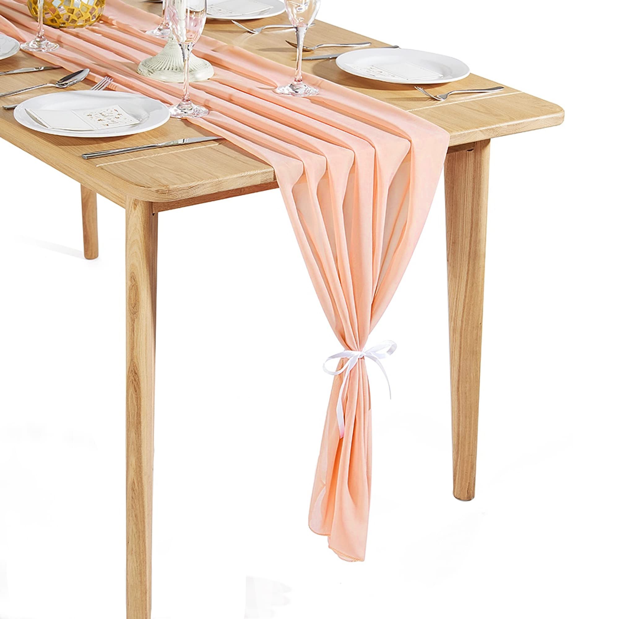 Time to Sparkle 2PCS 10FT Chiffon Table Runner Wedding Decor 28x120 inches Gauze Table Runner Rustic Sheer Table Decor for Romantic Bridal Shower Baby Shower Birthday Party Light Peach