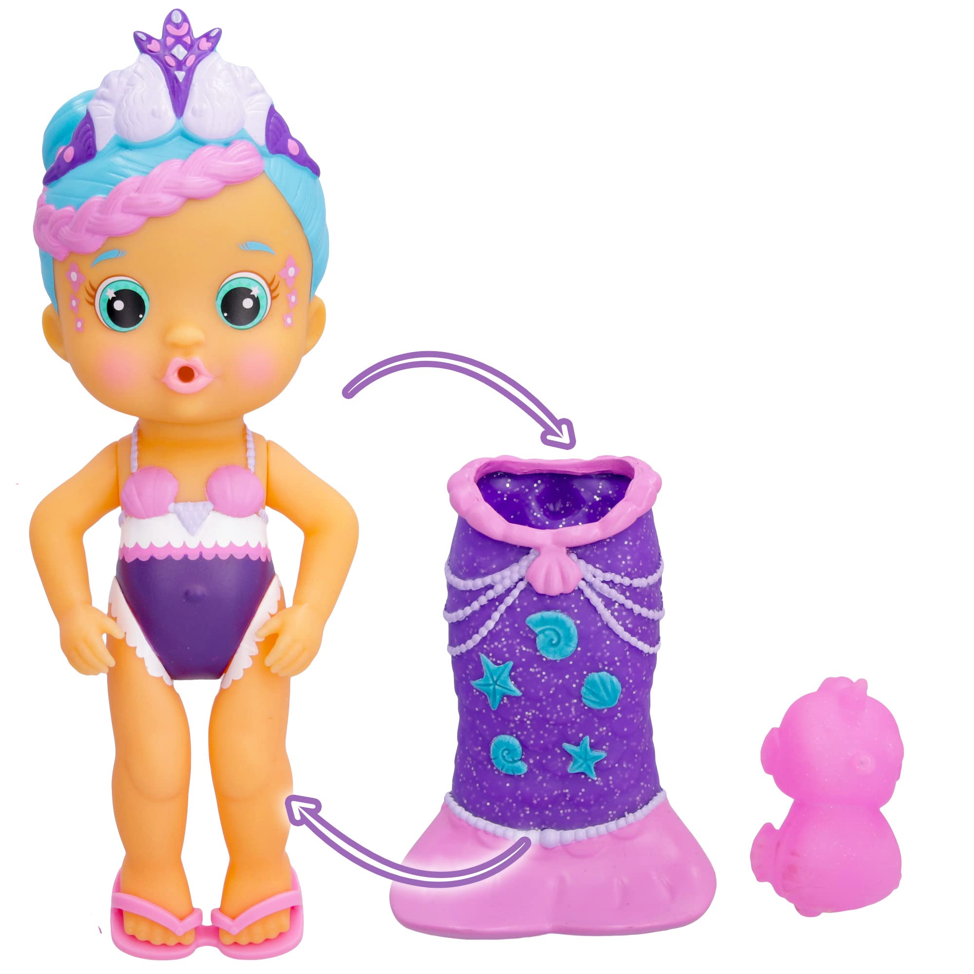 BLOOPIES Magic Tail Mermaids Nelly Mermaid doll with removable shiny Tail and her Sea friend; Squirts water and Blows bubbles - Bath toy and play for boys and girls