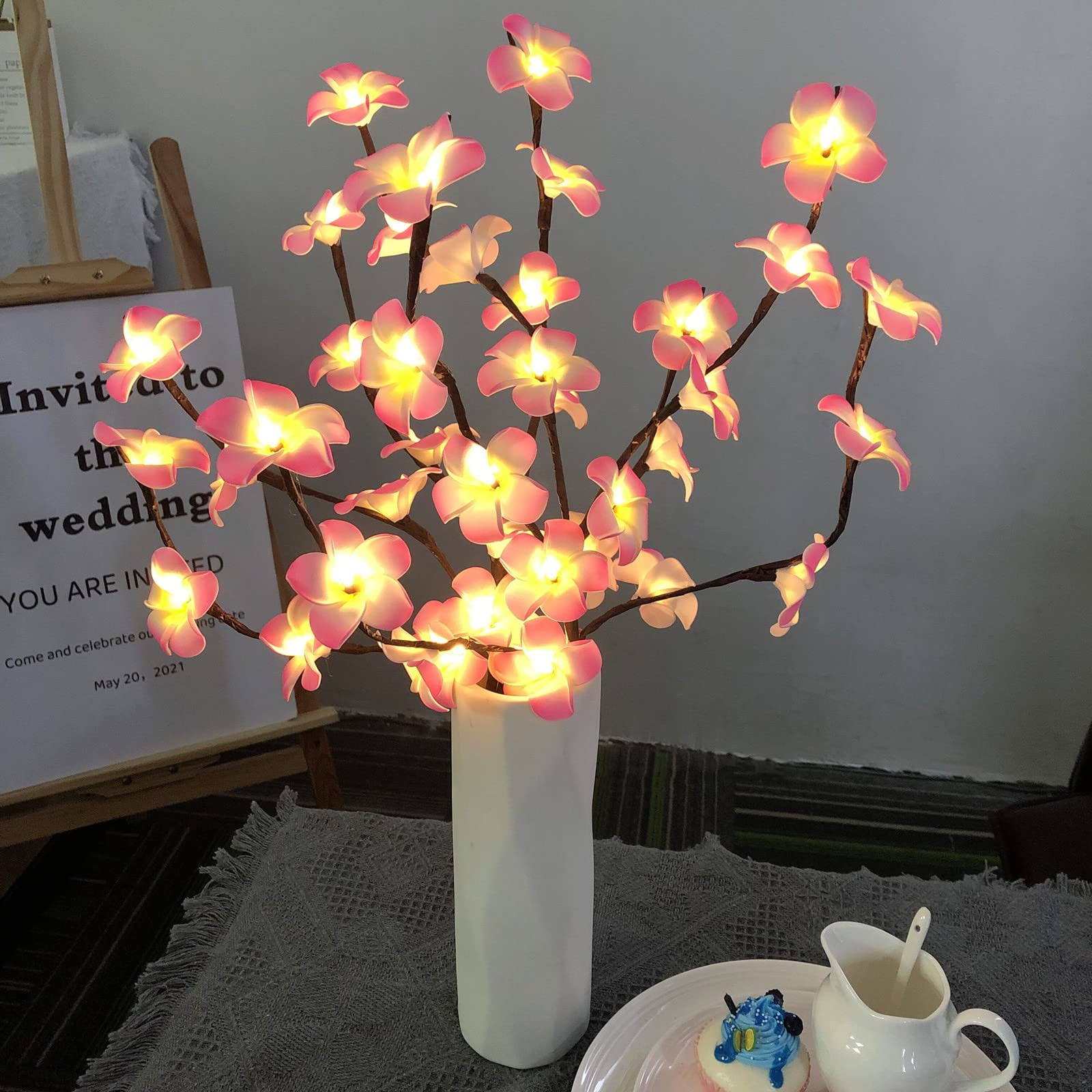 Riaxuebiy 2 Pack Frangipani LED Branch Lights, Plumeria Branch Lights, LED Eggflower Twig Light Artificial Flower Bouquet for Vase Home Decor (Pink Plumeria)