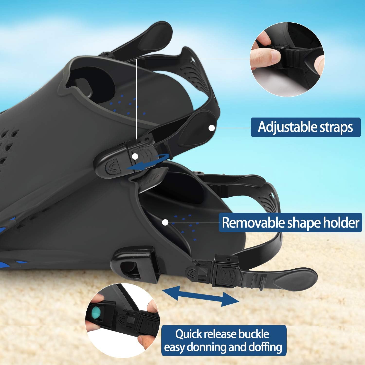 Greatever Snorkel Fins Adjustable Buckles Open Heel Swim Flippers Travel Size Short Swim Fins for Snorkeling Diving Swimming Adult Men Womens : Sports & Outdoors