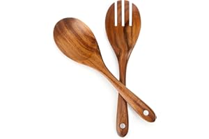 Teak Wooden Salad Fork and Spoon, 10.2-Inch Wooden Salad Spoons, Teak Wood Spoon Fork, Natural Wooden Spoon Spork Set with Er