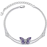 HUKKUN Butterfly Anklet With Beaded Anklets Sterling Silver Butterfly Jewelry Waterproof Summer Beach Foot Bracelet Gifts for Women