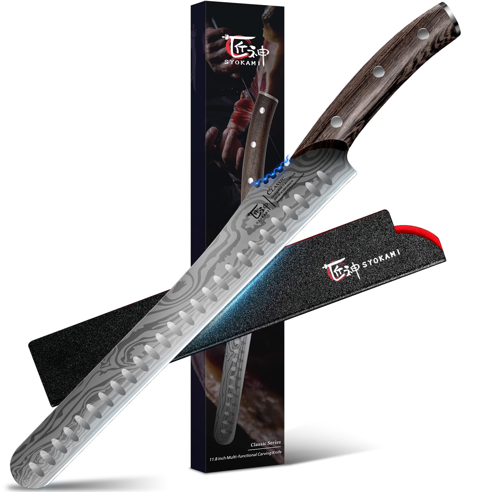 Photo 1 of SYOKAMI Brisket Slicing Knife, 12 Inch Multifunction Carving Knife for Meat Cutting, Japanese Style Meat Slicer with Wood Full Tang Handle, Damascus Pattern Long Slicing for Roast Beef, Ideal for Gift
