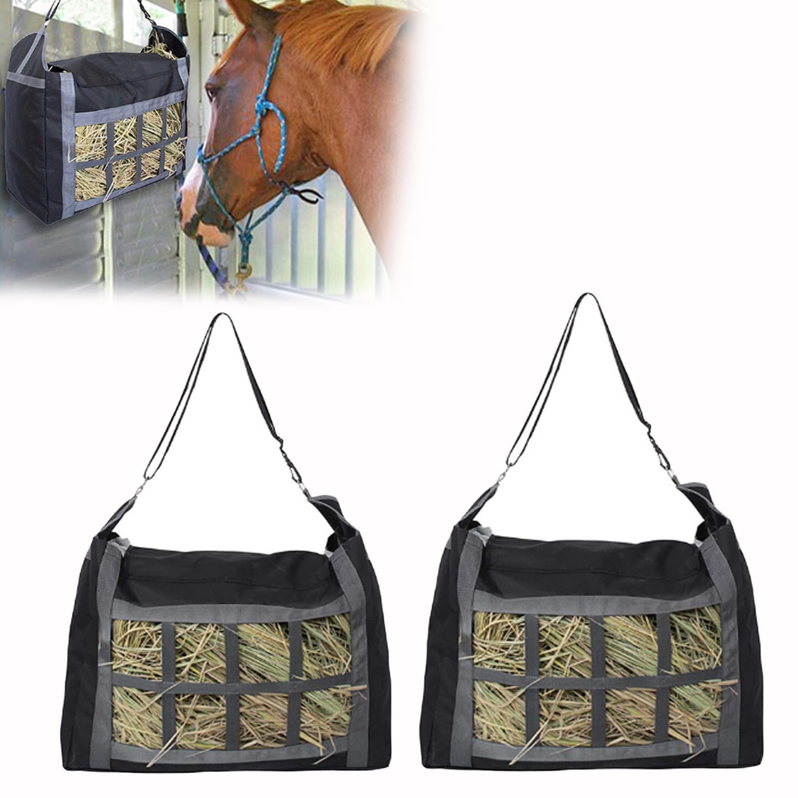 Slow Feeder Hay Bag - Hay Storage Net for Horse Donkey Goat, Adjustable, Super Tough to Reduces Waste (2 PCS)