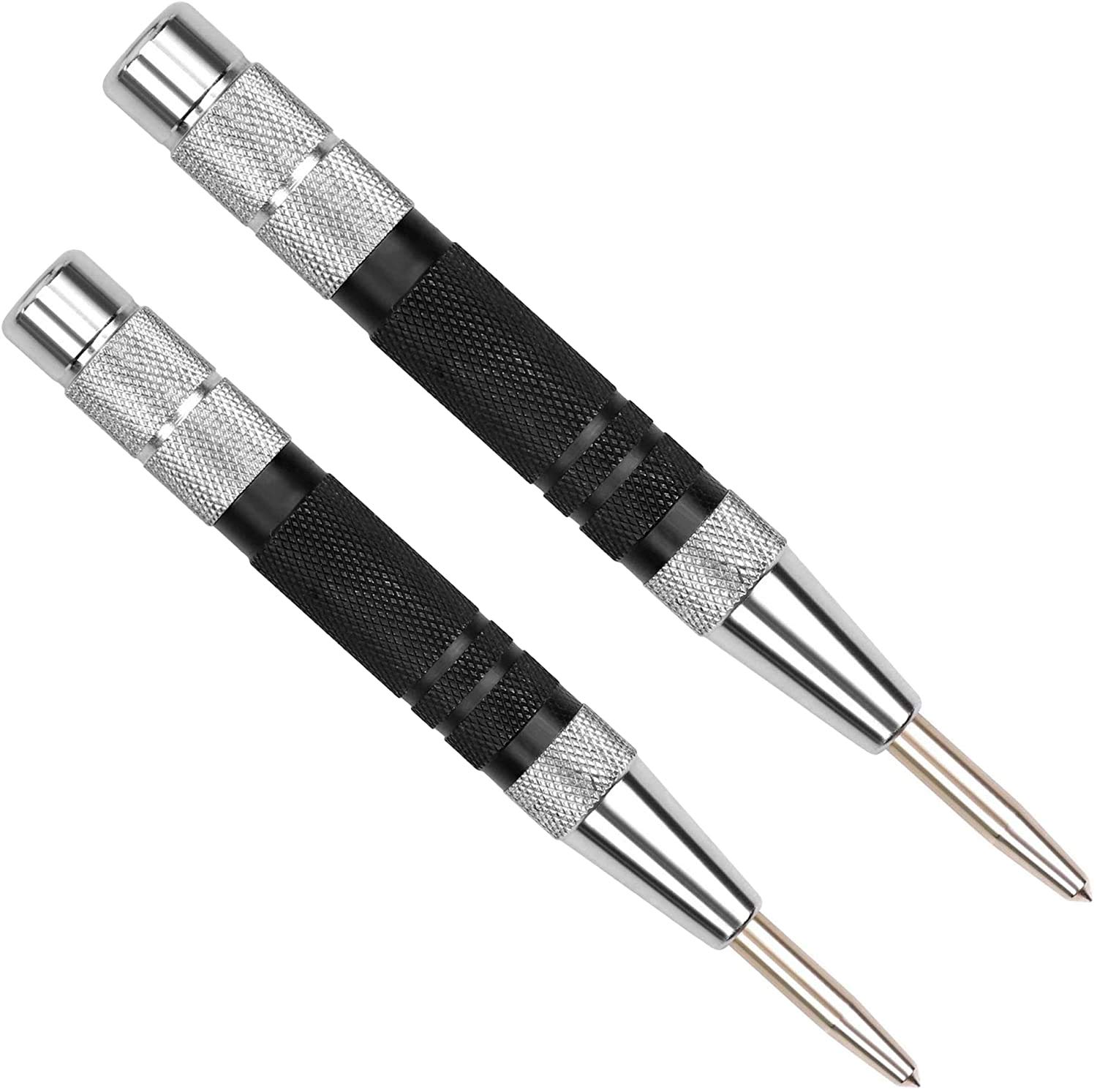 Super Strong Automatic Center Punch - 5 inch Black Steel Spring Loaded Center Hole Punch with Adjustable Tension, Hand Tool for Metal or Wood with Zippered Hard Shell Carry Case - Pack of 2