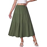 Kingfancy Women's Boho Midi Skirt A-Line Ruffle Elastic High Waist Tiered Flowy Skirts