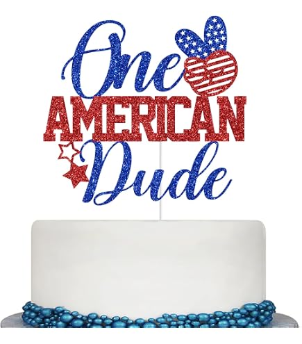 "One American Dude" Cake Topper - Patriotic 4th Of July Birthday Decor, Red/Blue Paper & Wood Decoration For Independence Day