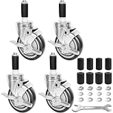 MySit 4 Inch Expanding Stem Casters with Side Brake Set of 4 | Heavy Duty Caster Fit 7/8", 1", 1-1/8", 1-1/4", 1-3/8" Stainless Steel Furniture Legs for Commercial Kitchen Prep Table