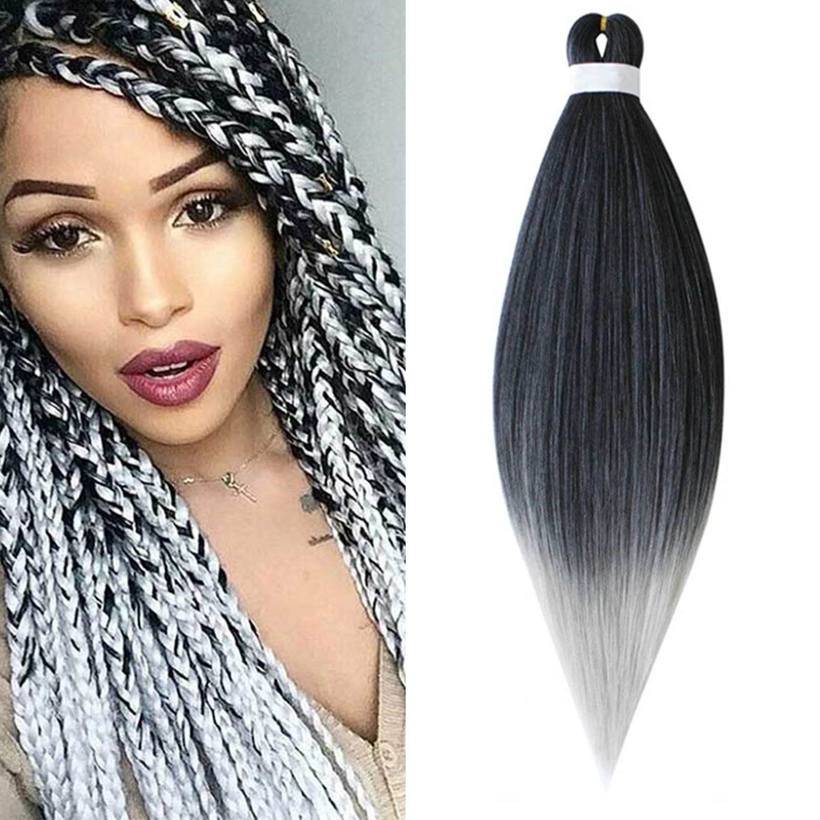 Pre stretched Braiding Hair Easy Braids 26inch 1pack Professional Hair Extensions Hot Water Setting Synthetic Fiber Crochet Twist Hair Yaki Texuture Itch Long Soft(Black&Grey)